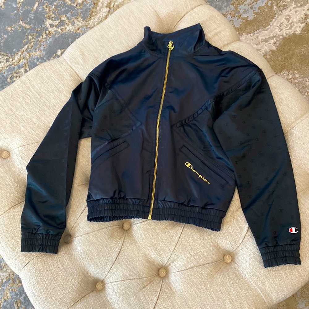 Champion satin bomber jacket w/2 different fabric patterns & gold zipper Sz XS